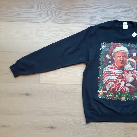 Trump with Cat in Christmas Sweaters - New Large Black Sweatshirt - Picture 3 of 5